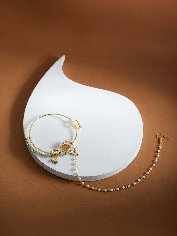 Gold-Plated White Green Kundan-Studded Pearl Beaded Nosepin - Ruby Raang - Distacart