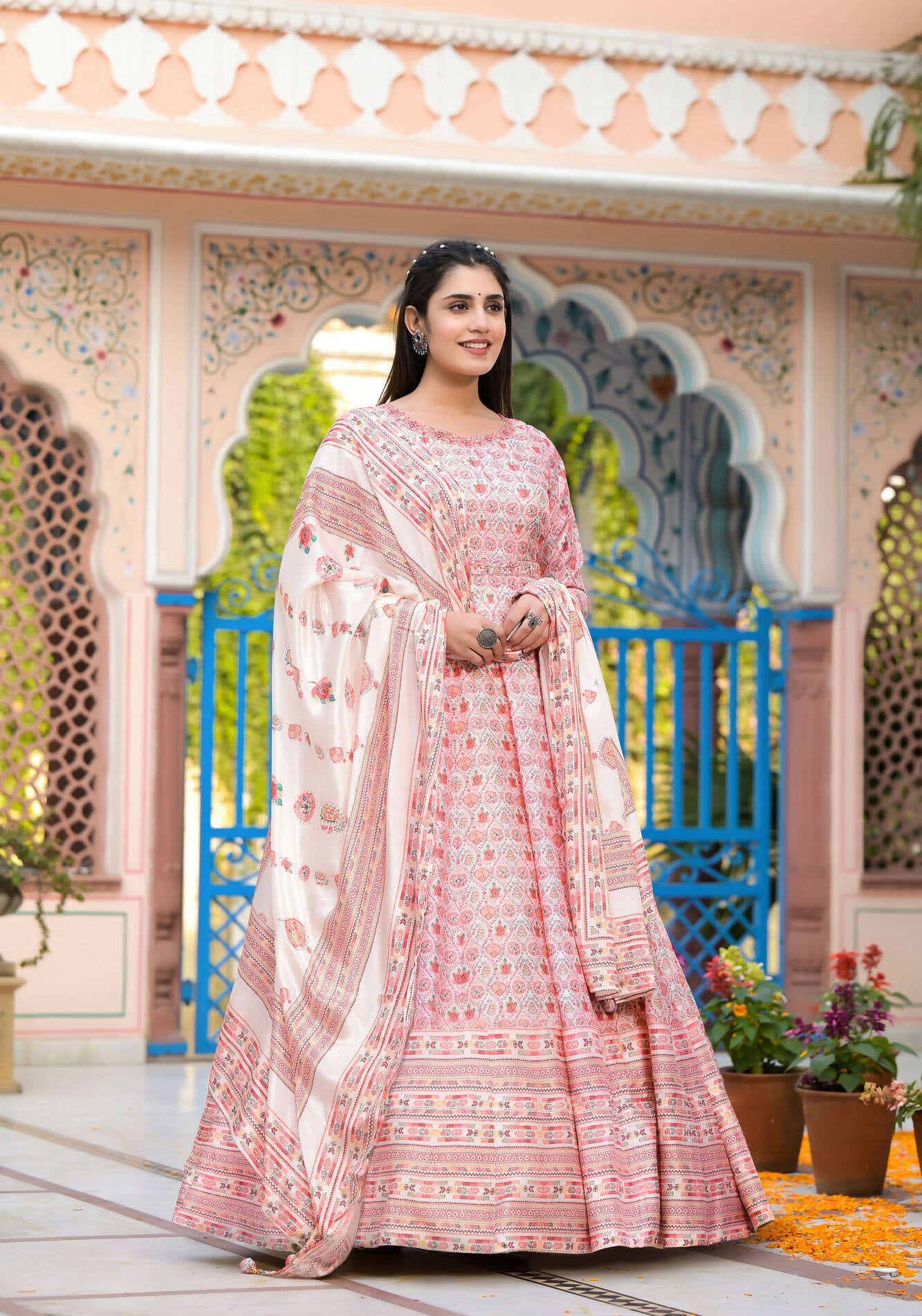 Functional Designer Off White-Light Pink Dola Silk Anarkali suit with Dupatta - Ramya - Distacart