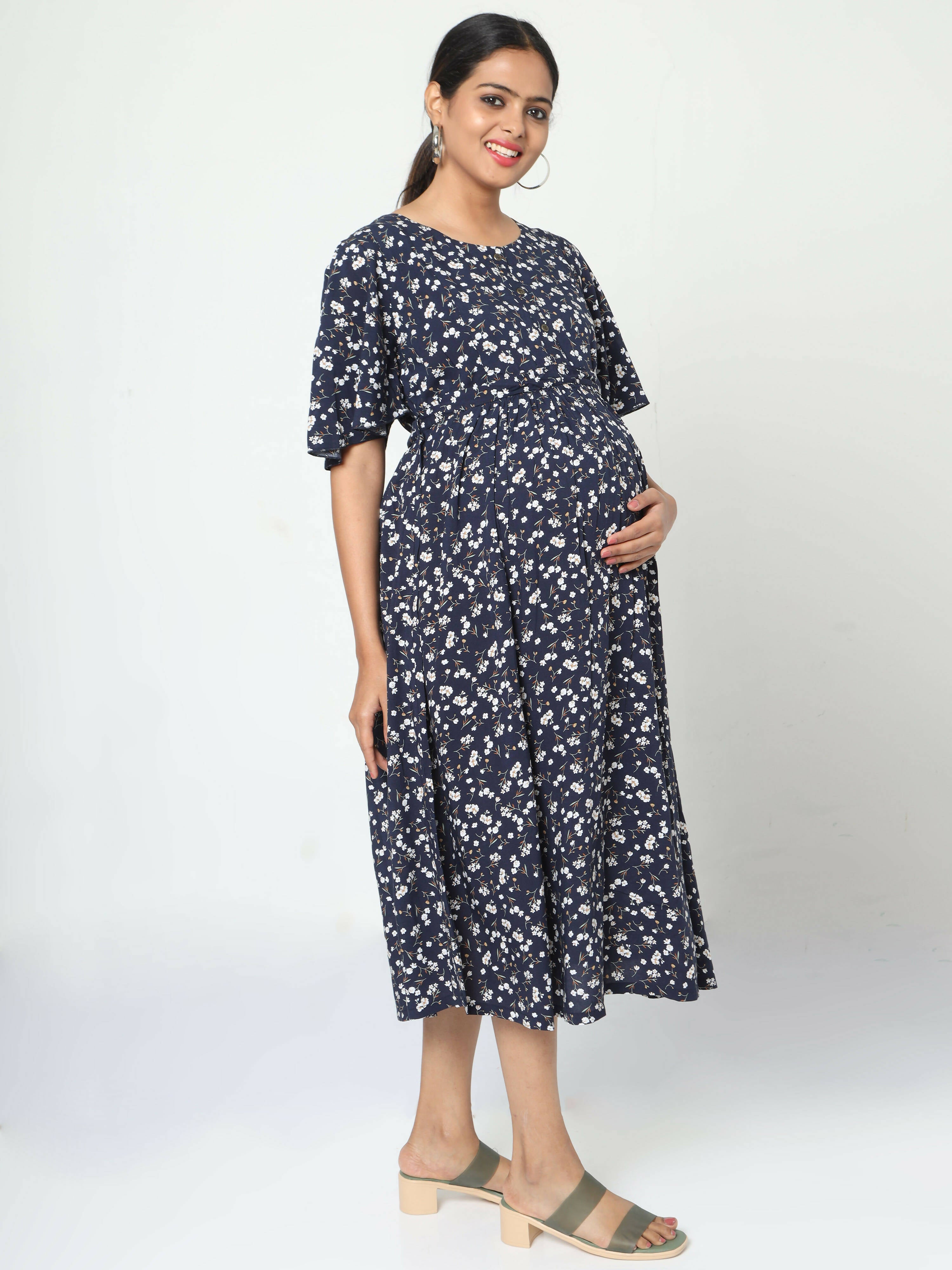 Manet Frill Slevees Maternity Dress Floral Print With Concealed Zipper Nursing Access - Navy - Distacart