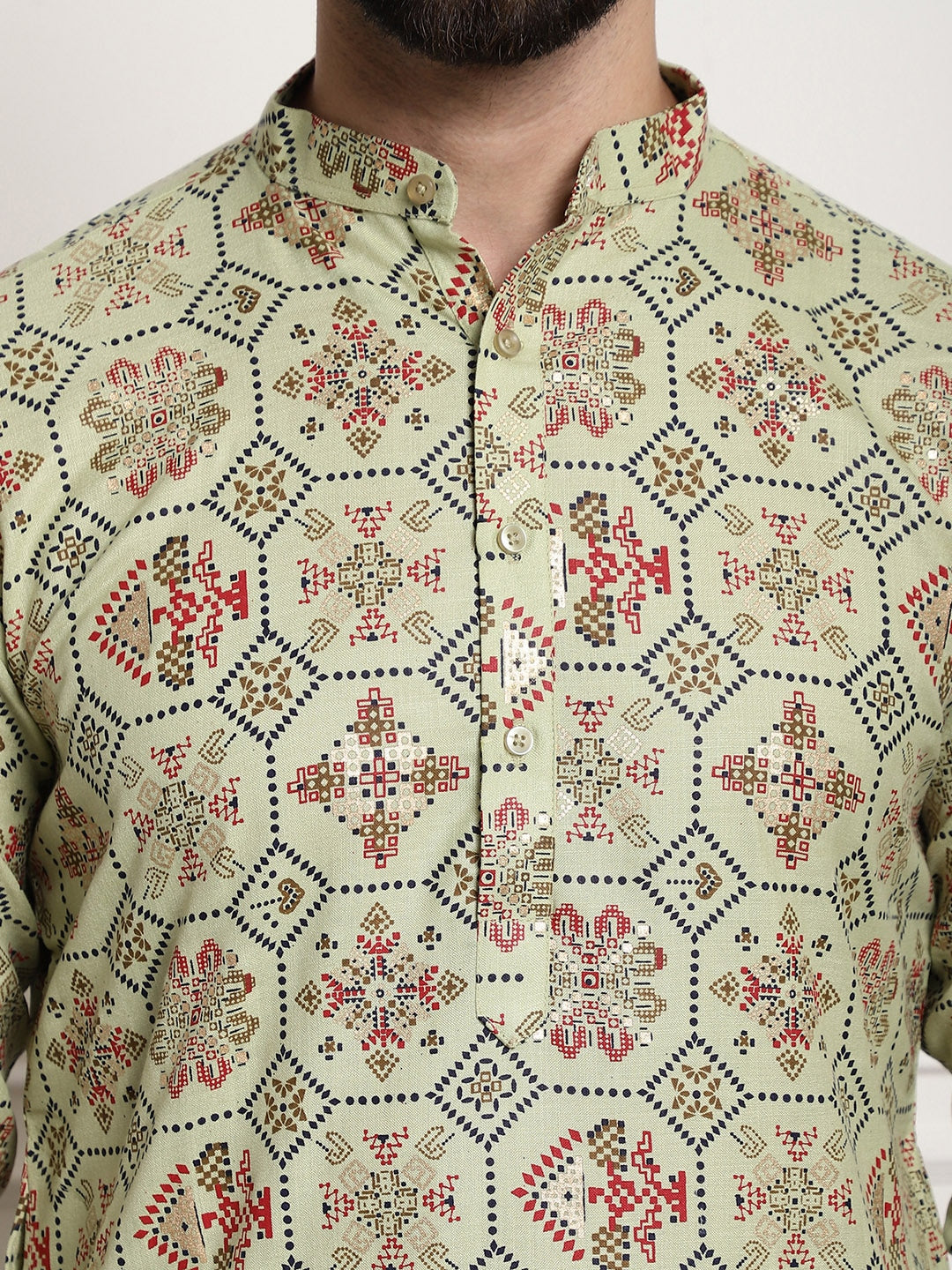 Sojanya Men Green Printed Cotton Linen Kurta with Churidar - Distacart