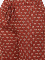 Thumbnail for Biba Women Rust Ethnic Motifs Printed Pleated Pure Cotton Kurta with Palazzos - Distacart