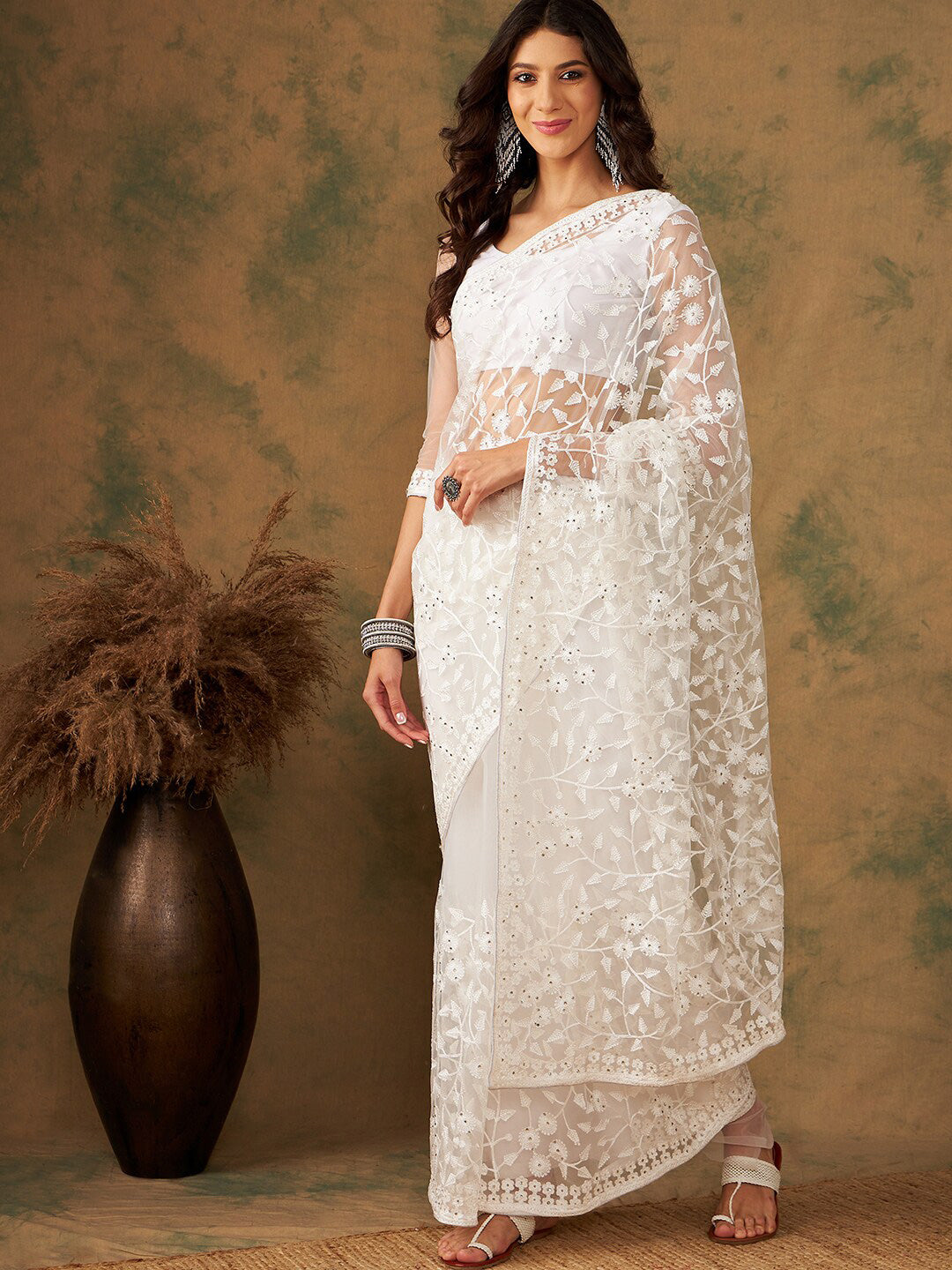 Sangria Embroidered Net Sarees - Distacart