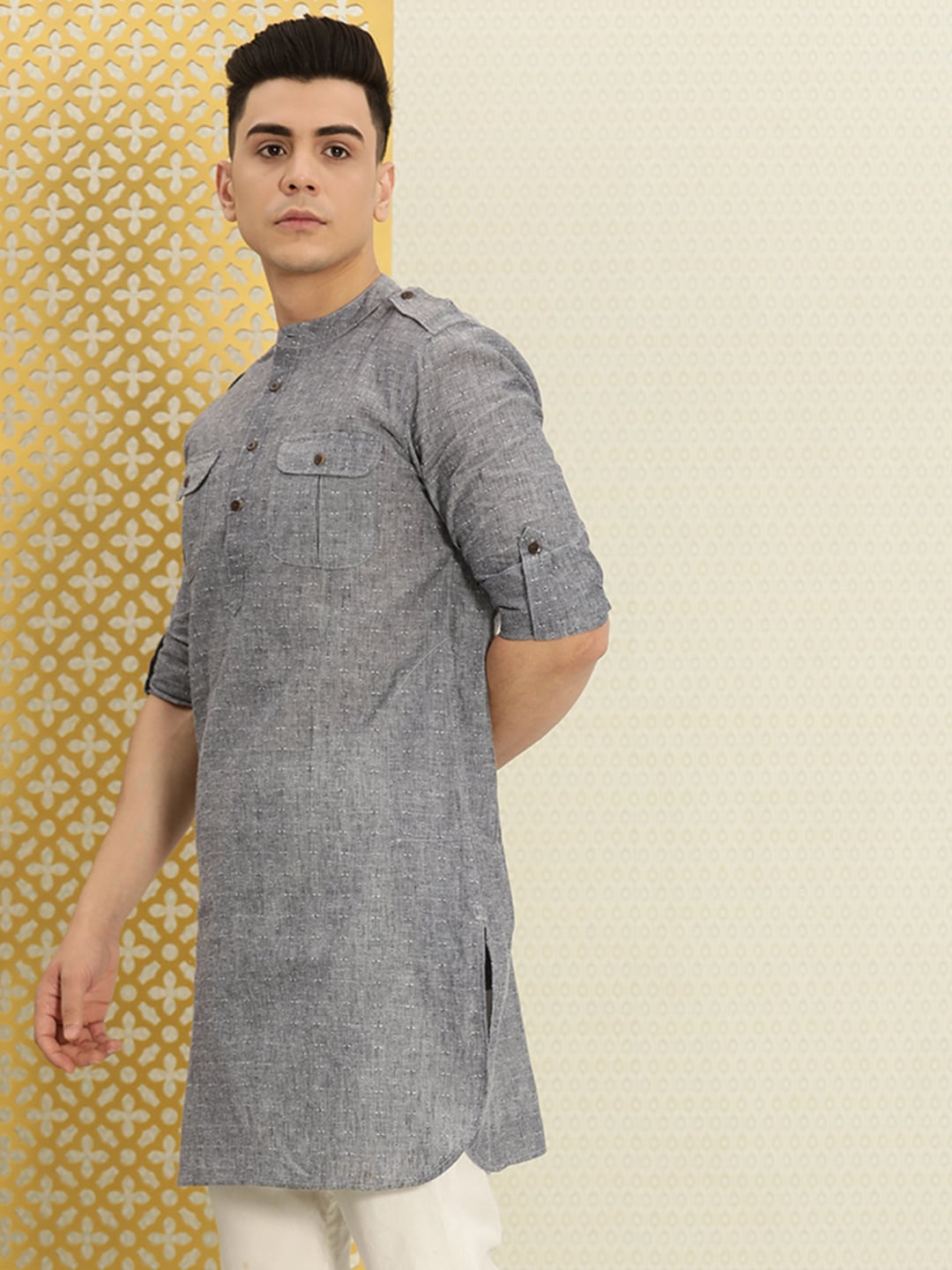 House of Pataudi Men Grey Solid Roll Up Sleeved Pathani Kurta - Distacart