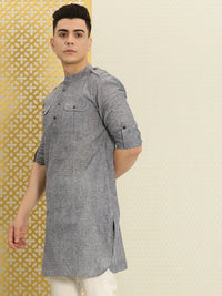 Thumbnail for House of Pataudi Men Grey Solid Roll Up Sleeved Pathani Kurta - Distacart