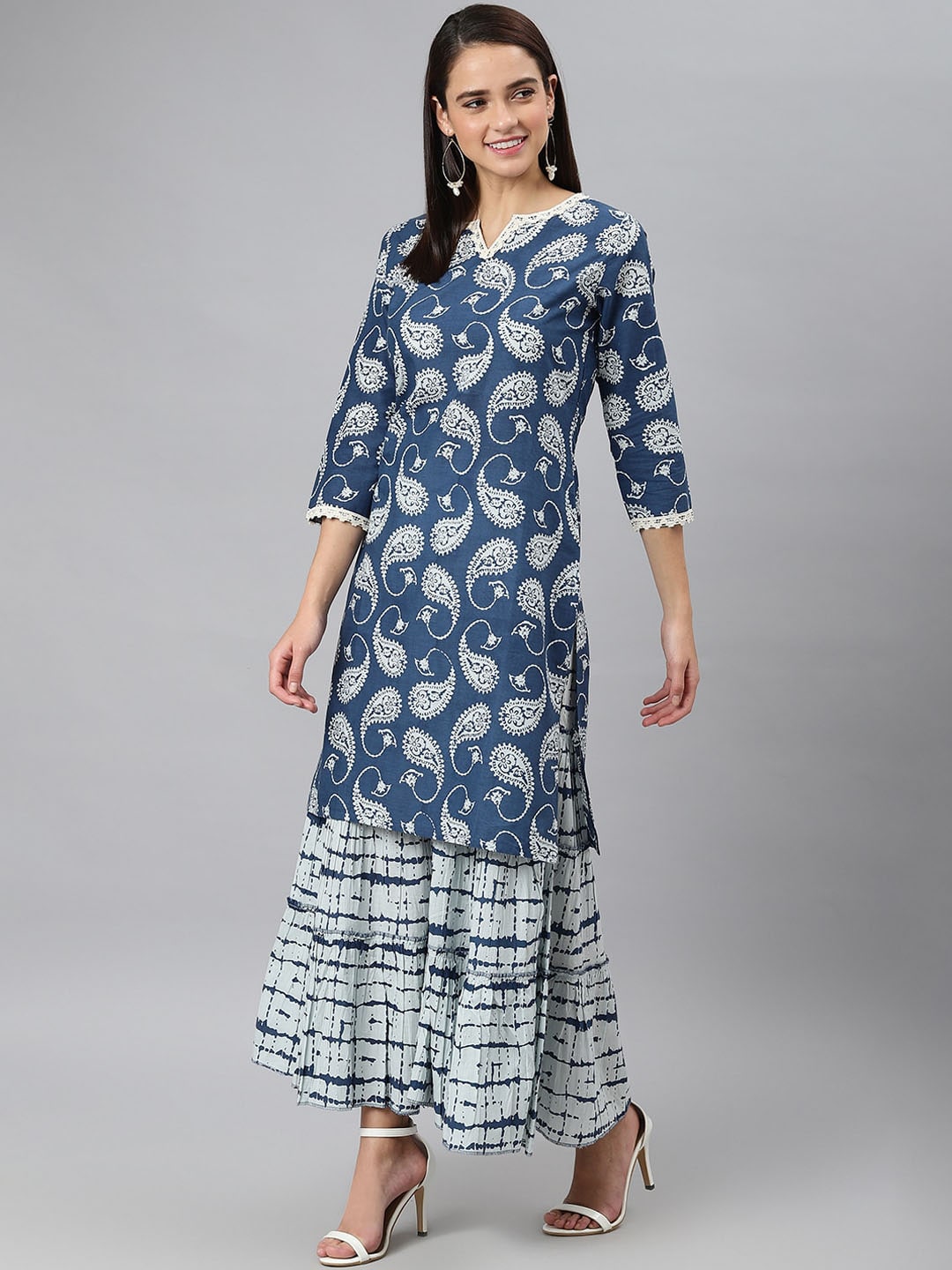 Khushal K Paisley Printed Notch Neck Pure Cotton Kurta with Sharara - Distacart