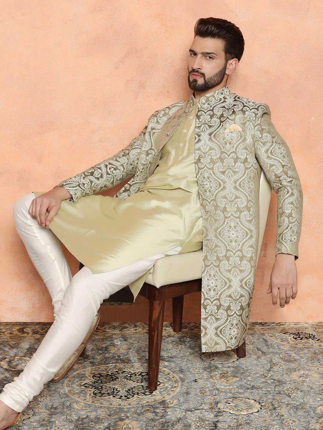 KISAH Ethnic Motifs Woven Design Mandarin Collar Sherwani Set - Distacart