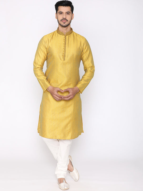 Manyavar Men Yellow & White Self Design Kurta with Churidar - Distacart