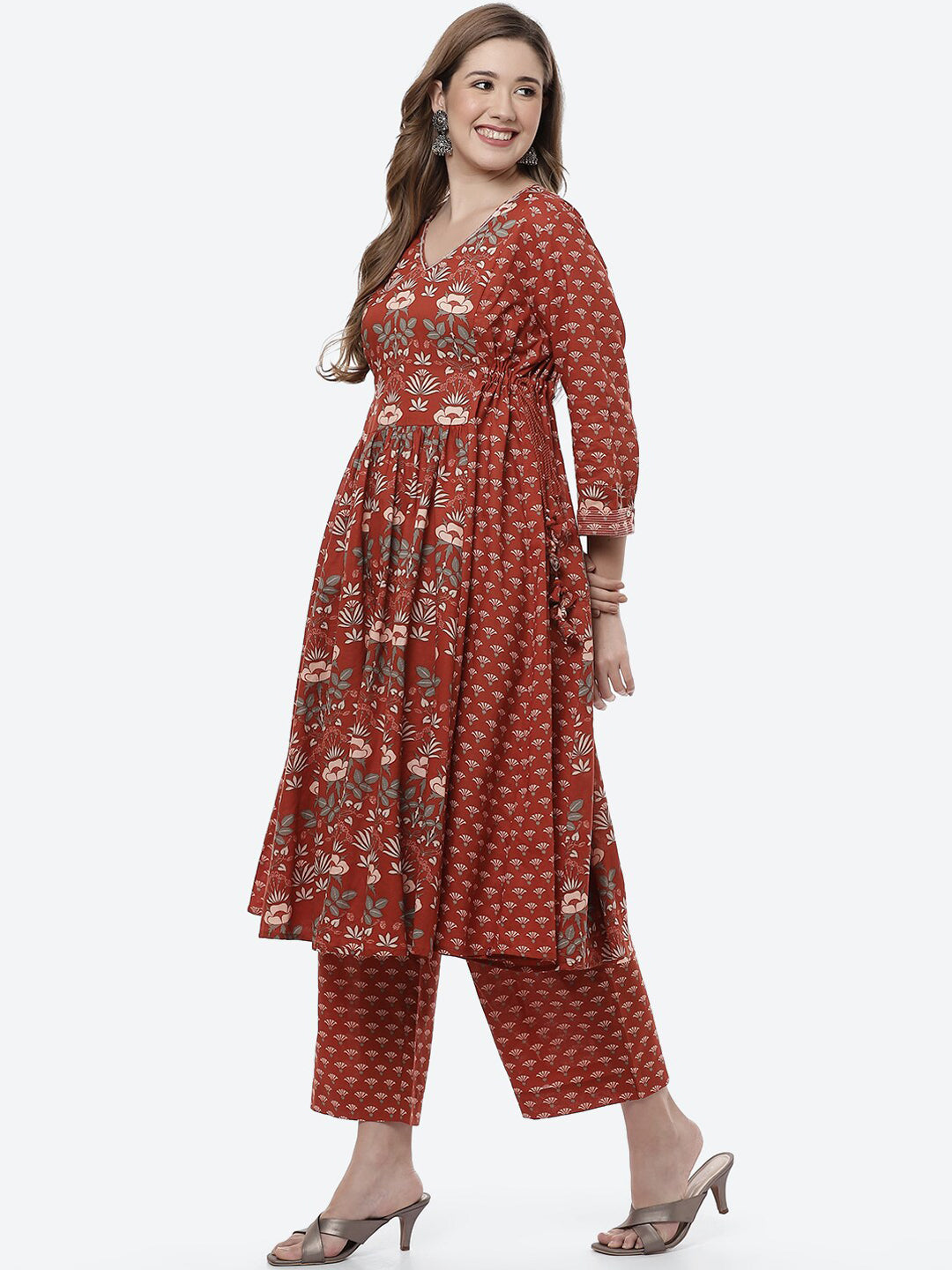 Biba Women Rust Ethnic Motifs Printed Pleated Pure Cotton Kurta with Palazzos - Distacart