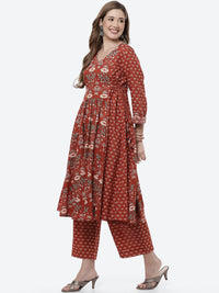 Thumbnail for Biba Women Rust Ethnic Motifs Printed Pleated Pure Cotton Kurta with Palazzos - Distacart