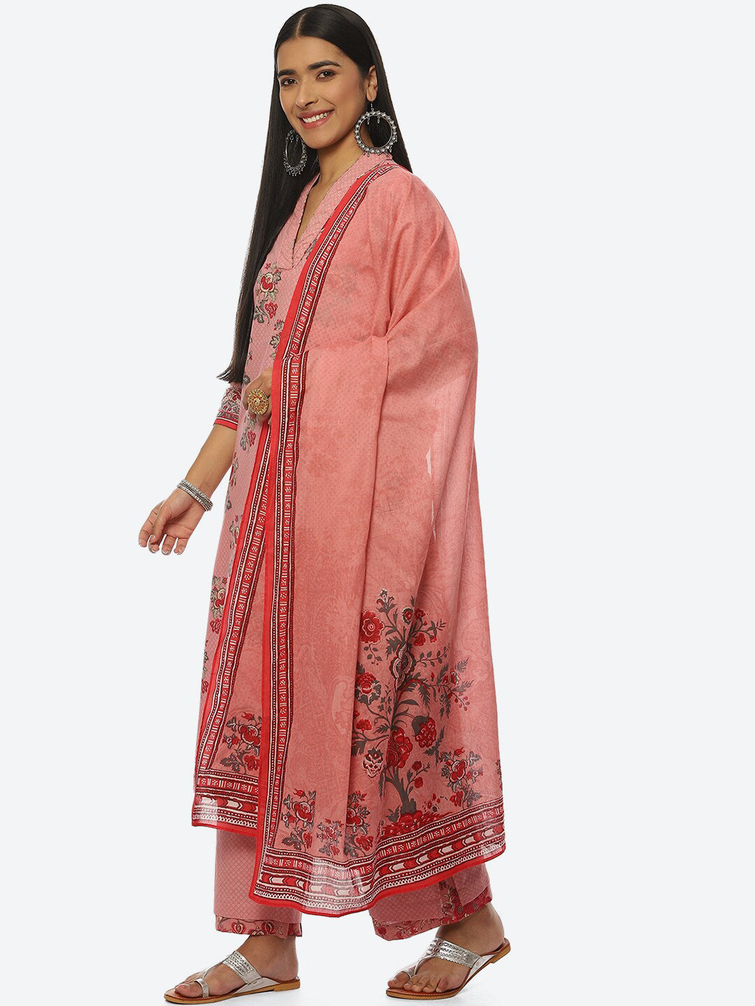 Biba Women Floral Printed V-Neck Kurta with Palazzos With Dupatta - Distacart