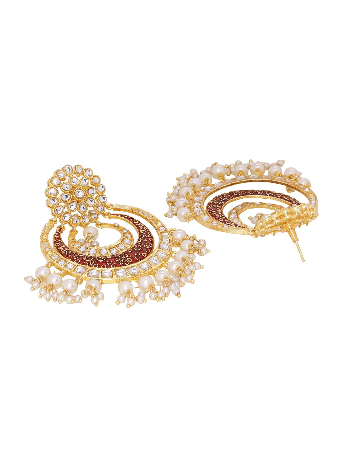 Shoshaa Red & Off-White Kundan Studded & Beaded Crescent Shaped Chandbalis - Distacart