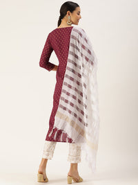 Thumbnail for HERE&NOW Women Maroon Ethnic Printed Kurta with Trousers & With Dupatta - Distacart