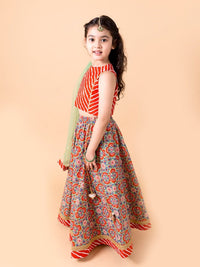 Thumbnail for Girls Orange Blue Printed Ready To Wear Lehenga Blouse With Dupatta - Mini Marvels - Distacart