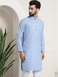 Thumbnail for Sojanya Men Blue Dobby Self-Checked Straight Kurta - Distacart
