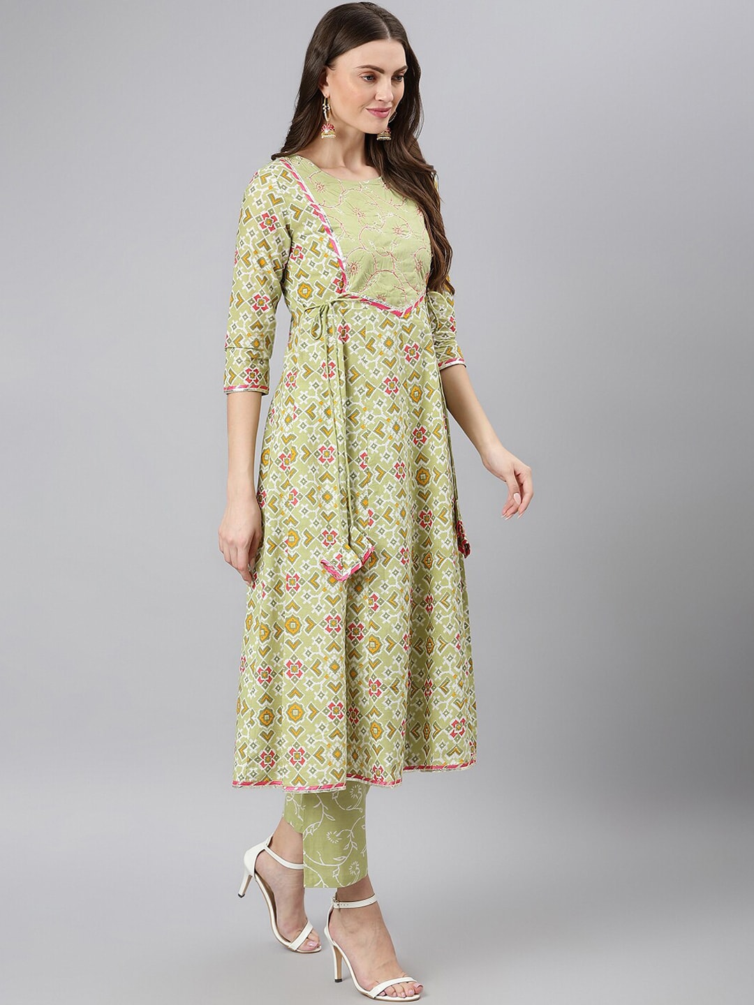 Khushal K Women Green & Pink Printed Pure Cotton Kurta with Palazzos & Dupatta - Distacart