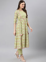 Thumbnail for Khushal K Women Green & Pink Printed Pure Cotton Kurta with Palazzos & Dupatta - Distacart