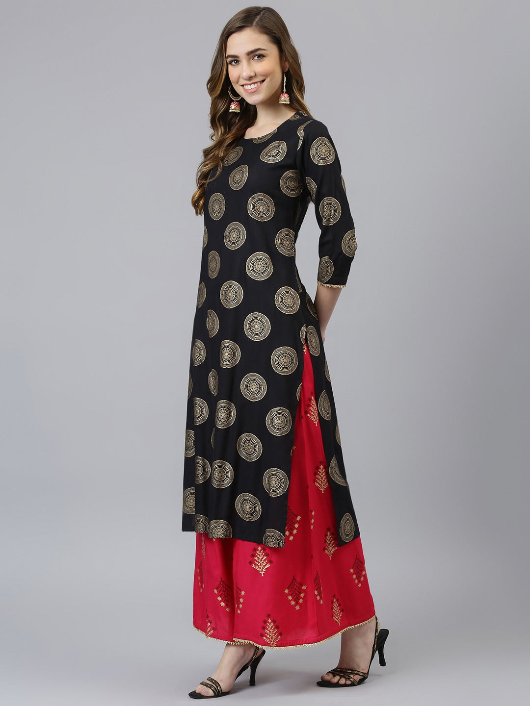 Khushal K Women Black & Gold-Toned Printed Kurta with Palazzos - Distacart