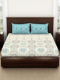 Thumbnail for SPACES Reagalis Cream Ethnic Motifs 140 TC Cotton Queen Bedsheet & 2 Pillow Covers - Distacart
