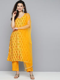 Thumbnail for HERE&NOW Women Mustard Yellow Ethnic Motifs Printed Kurta with Trousers & With Dupatta - Distacart