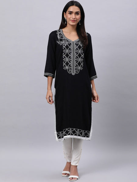 Souchii Black Ethnic Motifs Yoke Design Thread Work Grandeur & Majestic Artwork Kurta - Distacart