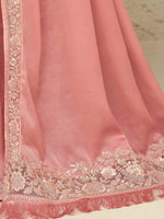 Thumbnail for Mitera Pink & Gold-Toned Embroidered Pure Georgette Saree - Distacart
