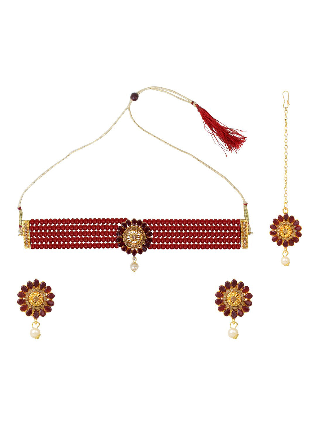 Cardinal Gold-Plated Maroon Onyx-Studded & Beaded Jewellery Set - Distacart