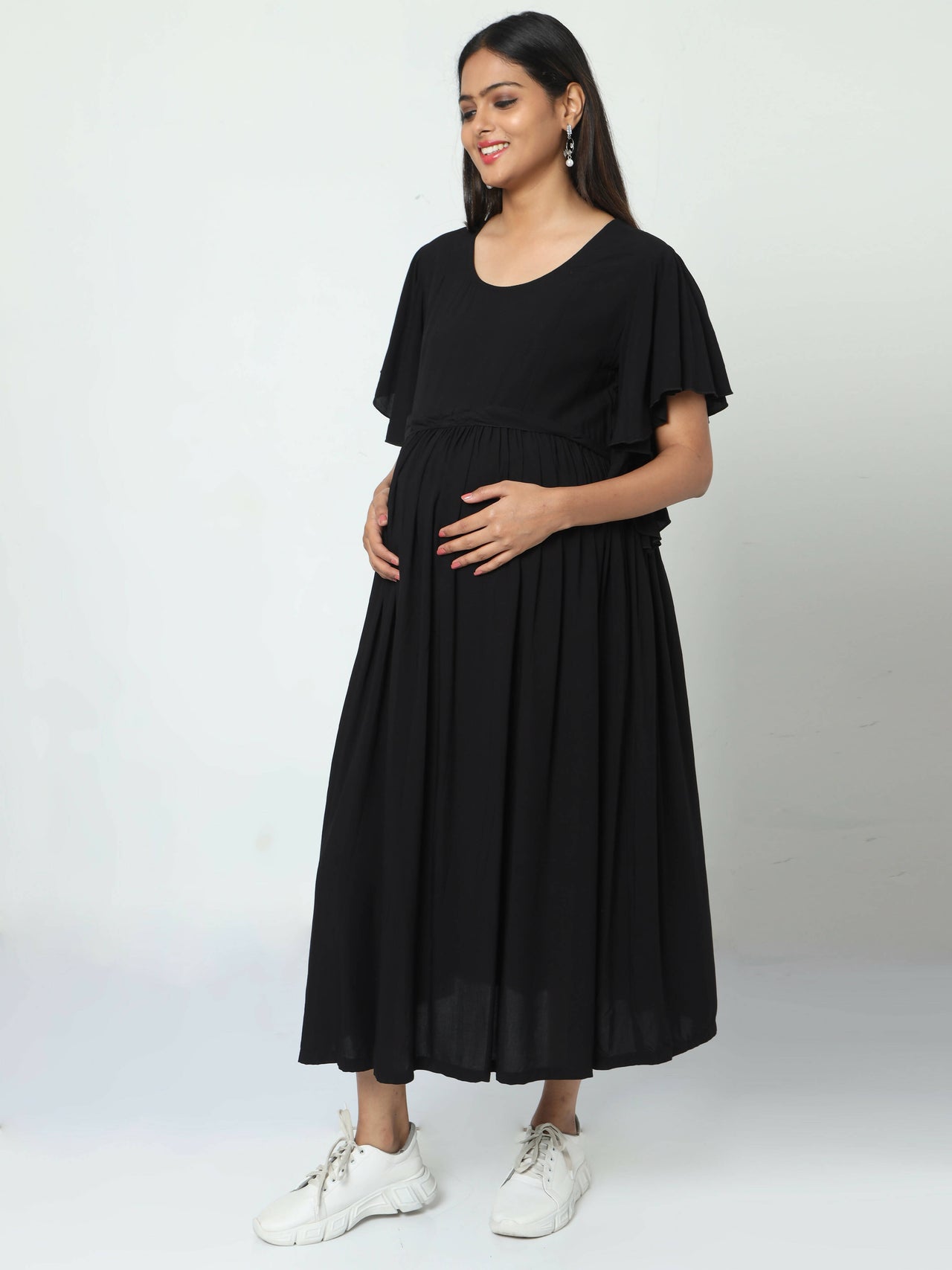 Manet Maternity Frill Slevee Solid Dress With Concealed Zipper Nursing Access - Black - Distacart