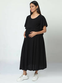 Thumbnail for Manet Maternity Frill Slevee Solid Dress With Concealed Zipper Nursing Access - Black - Distacart