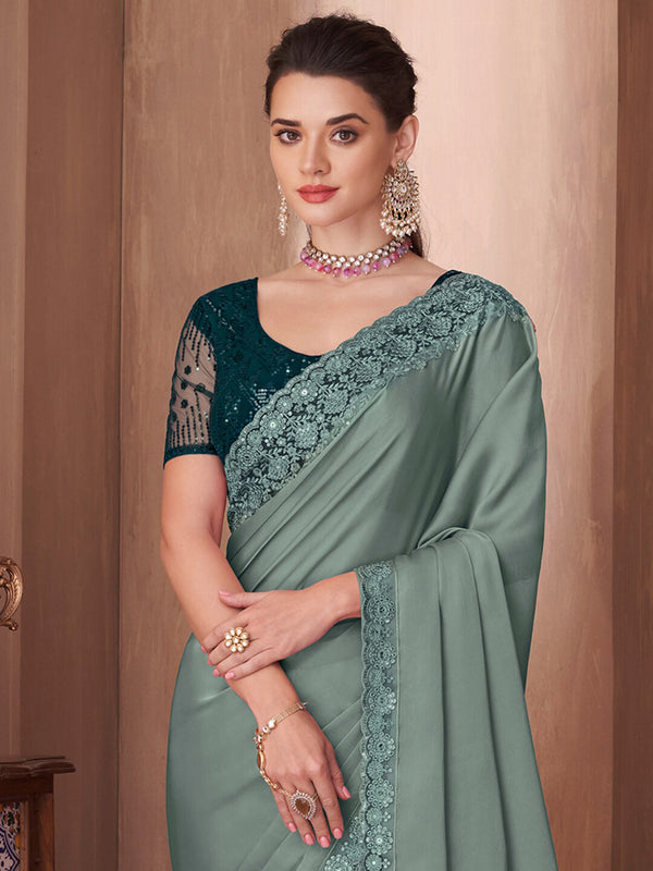 Mitera Sea Green Embellished Sequinned Border Saree - Distacart