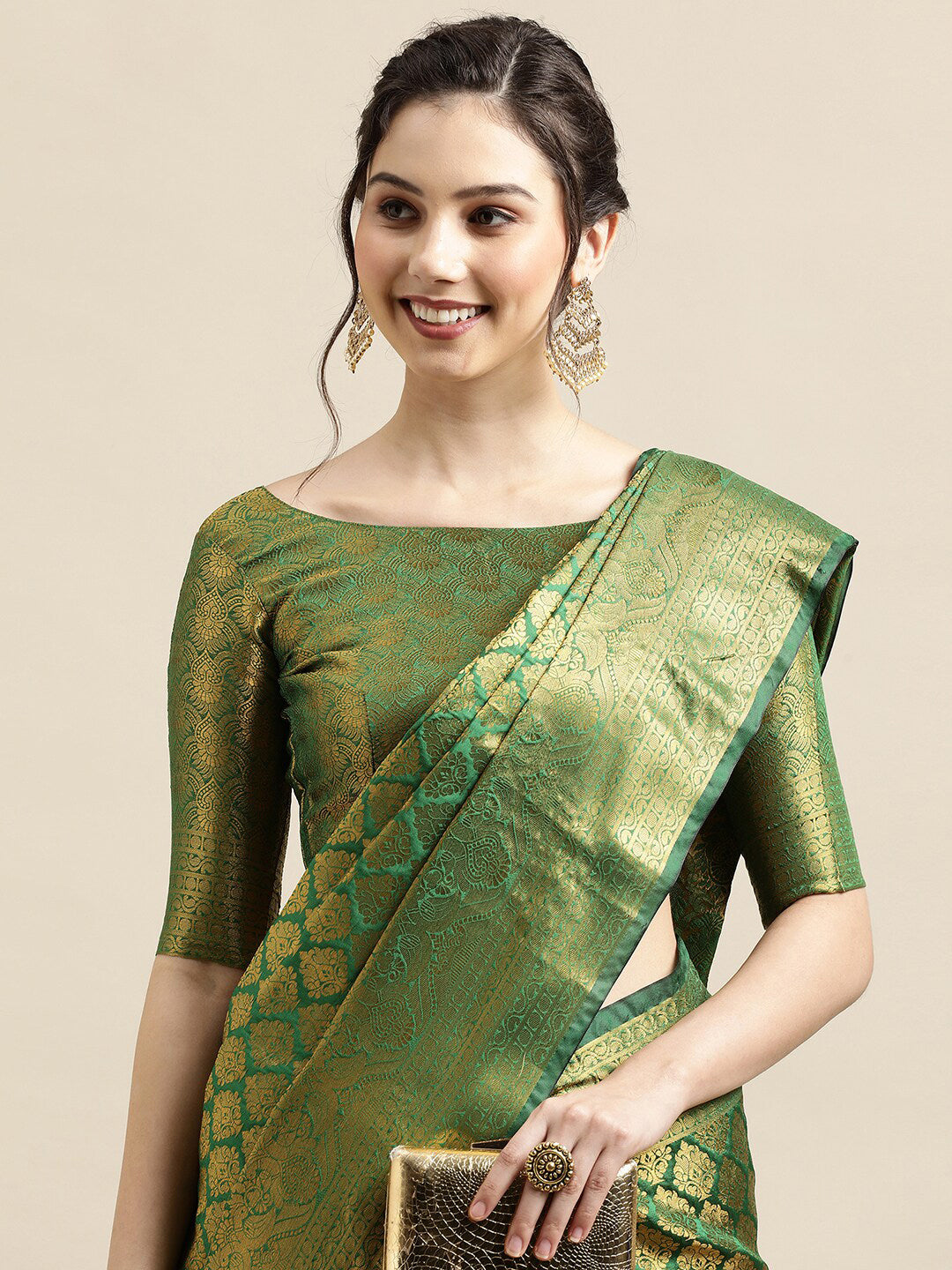 Saree Mall Green & Gold-Toned Woven Design Zari Silk Blend Banarasi Saree - Distacart