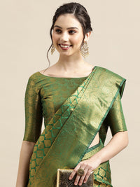 Thumbnail for Saree Mall Green & Gold-Toned Woven Design Zari Silk Blend Banarasi Saree - Distacart