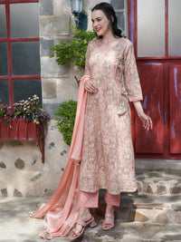 Thumbnail for Sangria Peach Floral Printed Gotta Patti Pure Cotton A-Line Kurta with Trousers & Dupatta - Distacart