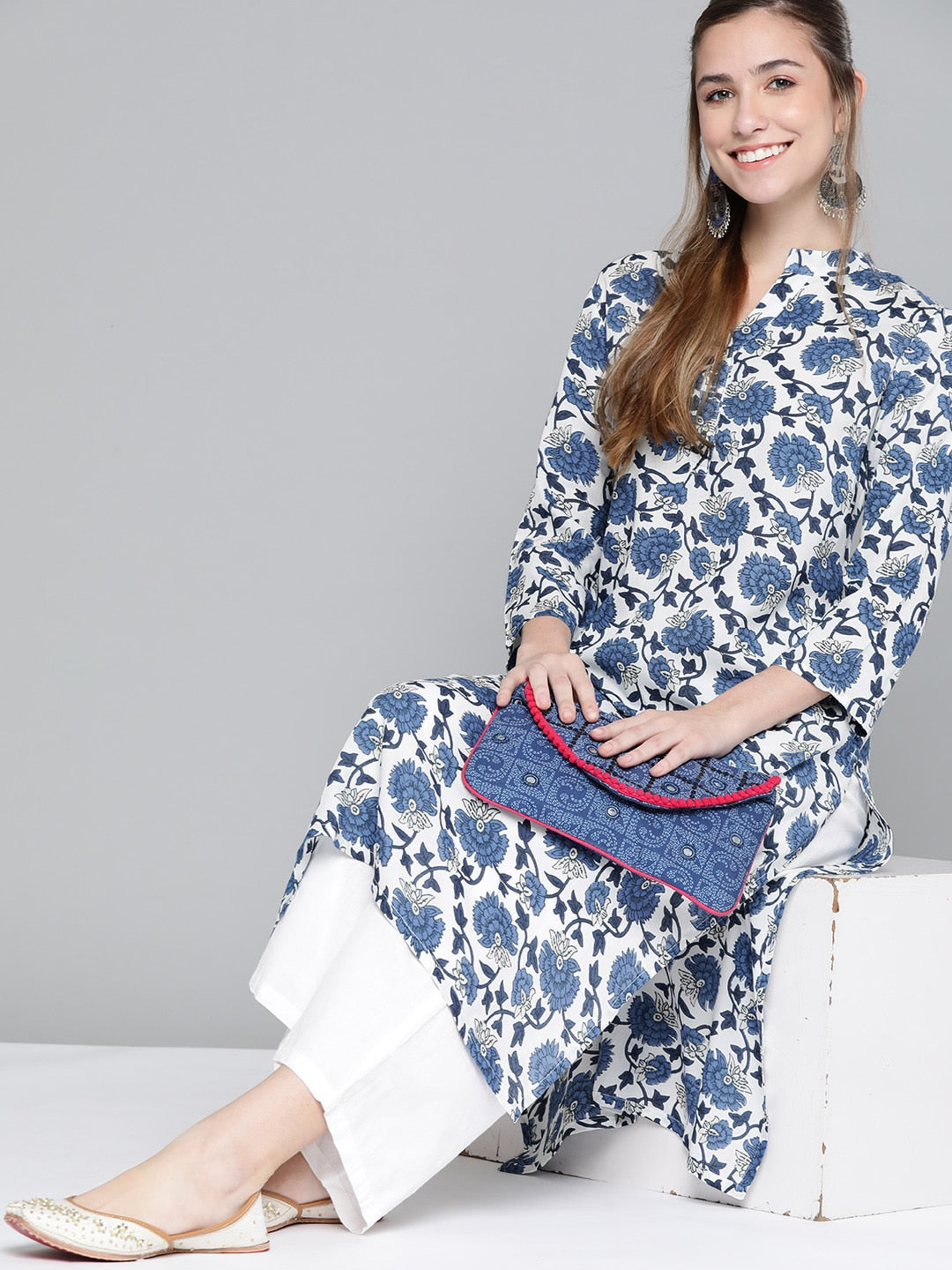 HERE&NOW Women White & Navy Blue Ethnic Motifs Printed Kurta - Distacart