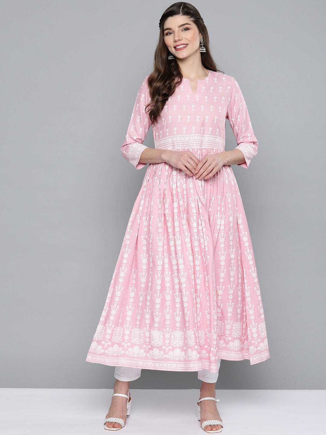 HERE&NOW Women Pink & White Ethnic Motifs Printed Anarkali Kurta - Distacart