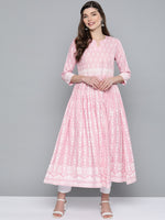 Thumbnail for HERE&NOW Women Pink & White Ethnic Motifs Printed Anarkali Kurta - Distacart