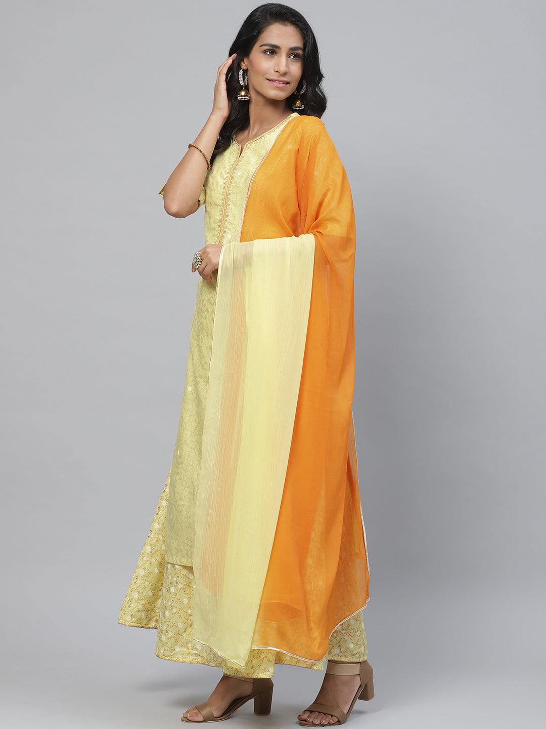 Biba Women Yellow & Orange Printed Kurta with Palazzos & Dupatta - Distacart