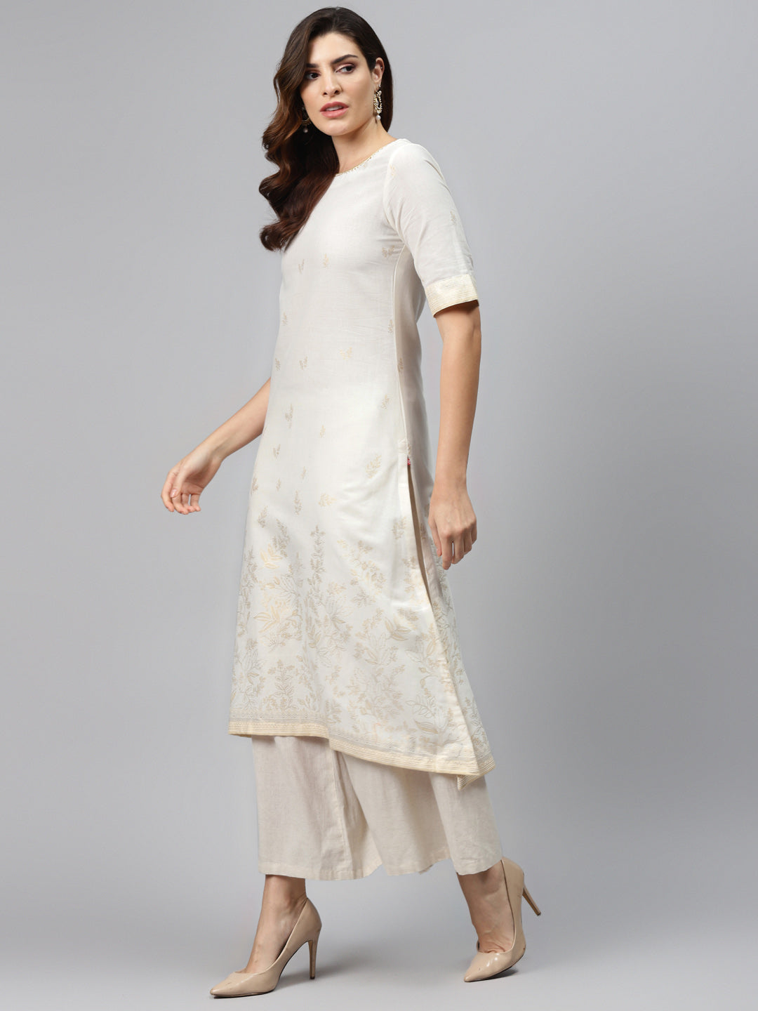 Biba Women Off-White & Golden Printed Pure Cotton Straight Kurta - Distacart