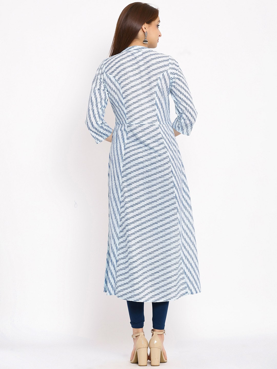 HERE&NOW Blue & White Striped Mandarin Collar Kurta - Distacart