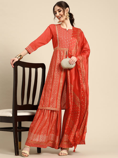 Sangria Women Ethnic Motifs Embroidered Sequinned Kurta with Sharara With Dupatta - Distacart