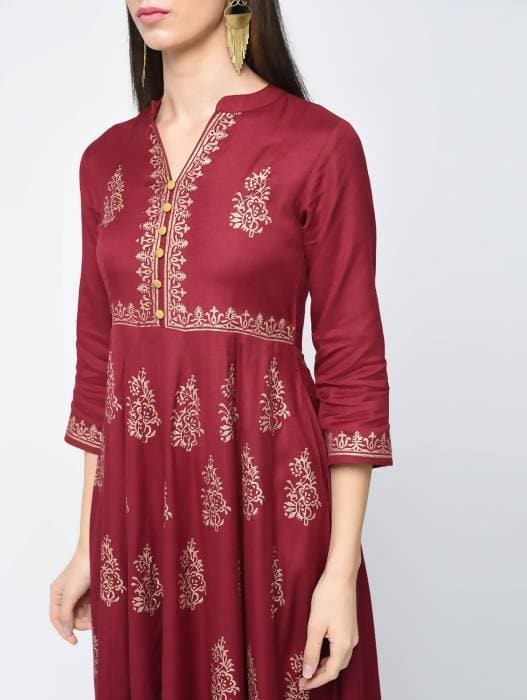 Aniyah Rayon Block Printed Anarkali Kurta In Maroon (AN-116A)