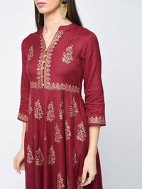 Thumbnail for Aniyah Rayon Block Printed Anarkali Kurta In Maroon (AN-116A)