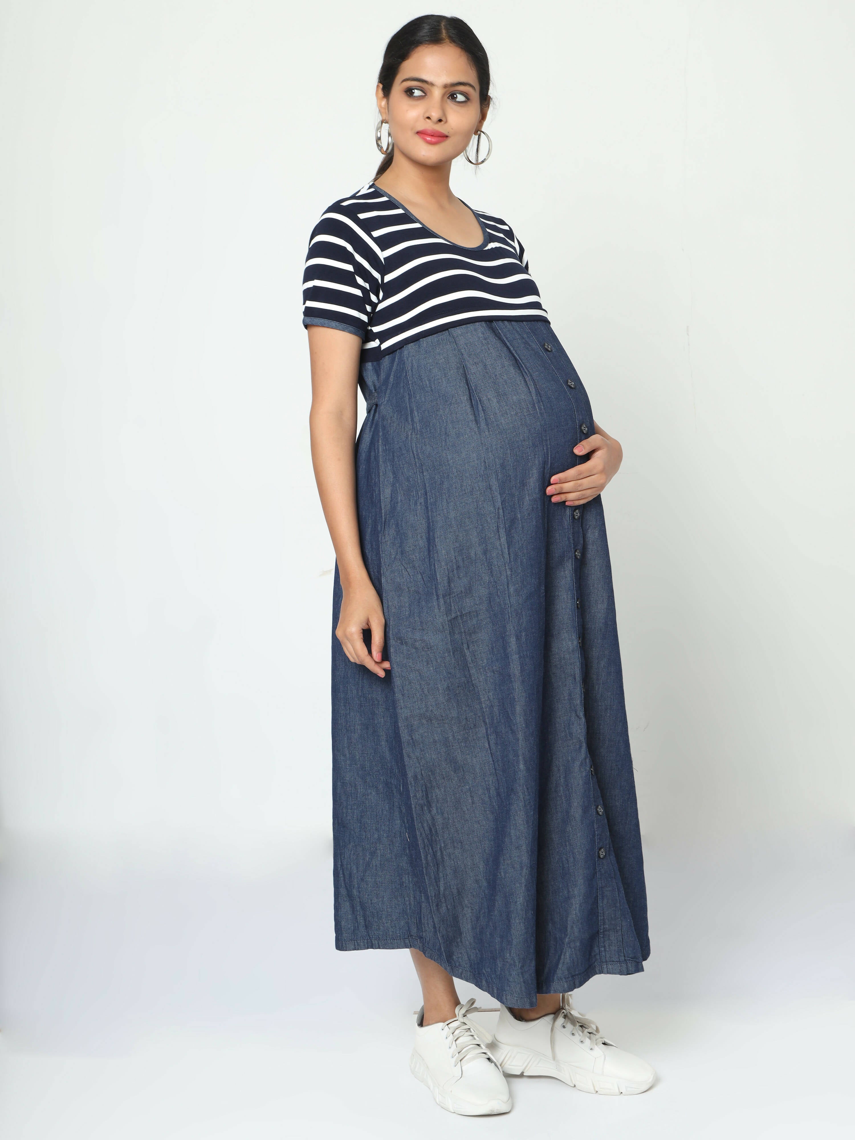 Manet Half Sleeves Maternity Dress White Striped With Concealed Zipper Nursing Access - Navy - Distacart