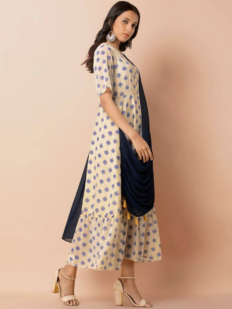 Indya Women White & Navy Blue Printed Maxi Dress With Attached Dupatta - Distacart
