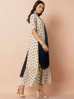 Thumbnail for Indya Women White & Navy Blue Printed Maxi Dress With Attached Dupatta - Distacart