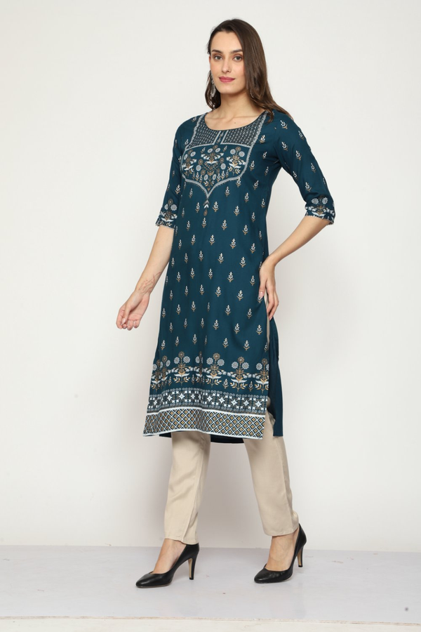 Maai Rayon Hand Printed Kurta Navy - Distacart