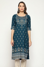Thumbnail for Maai Rayon Hand Printed Kurta Navy - Distacart
