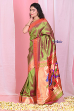 Thumbnail for Very Much Indian Dual Tone Olive Green Pink Muniya Border Paithani Pure Silk With Peacocks Pallu - Distacart