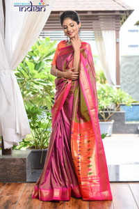 Thumbnail for Very Much Indian Authentic Pure Silk Handloom Pink Dual Tone Paithani Weave - Distacart