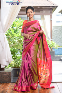 Thumbnail for Very Much Indian Authentic Pure Silk Handloom Pink Dual Tone Paithani Weave - Distacart