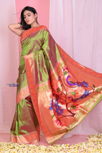 Thumbnail for Very Much Indian Dual Tone Olive Green Pink Muniya Border Paithani Pure Silk With Peacocks Pallu - Distacart